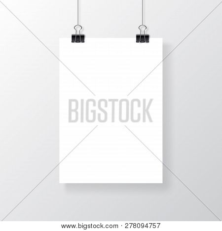 Empty A4 Sized Paper Frame Mockup Hanging With Paper Clip. Vector Poster Isolated On Grey Background