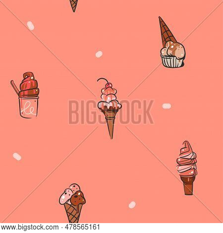 Hand Drawn Vector Abstract Graphic Ice Cream Cone , Sundae Line Art Illustrations Seamless Pattern.i