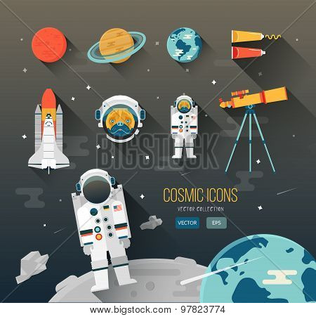 Vector flat education space illustration. Planets of solar system. Astronaut of space program.