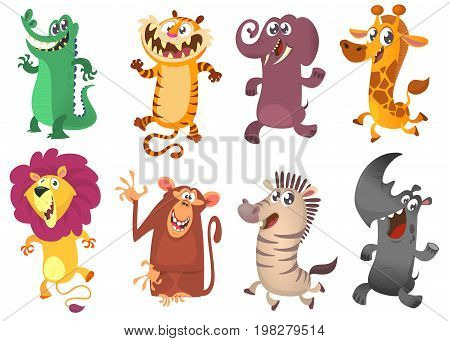 Cartoon tropical African animal set. Wild cartoon cute animals collections vector. Big set of cartoon jungle animals flat vector illustration. Crocodile alligator tiger elephant giraffe lion monkey chimpanzee zebra and rhino