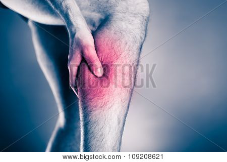 Calf pain physical injury. Male leg and muscle pain from running or training sport physical injuries