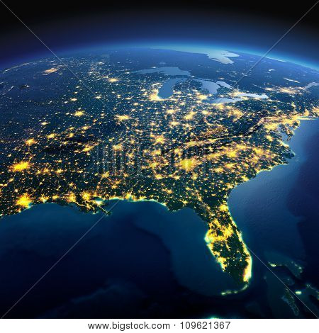 Detailed Earth. North America. Usa. Gulf Of Mexico And Florida On A Moonlit Night