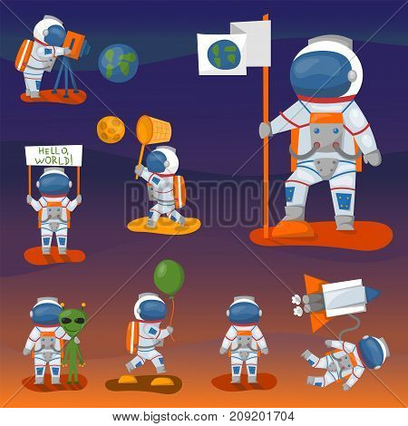 Vector astronauts in space, working character and having fun spaceman galaxy atmosphere system fantasy traveler man. Gravity floating journey suit astronomy characters.