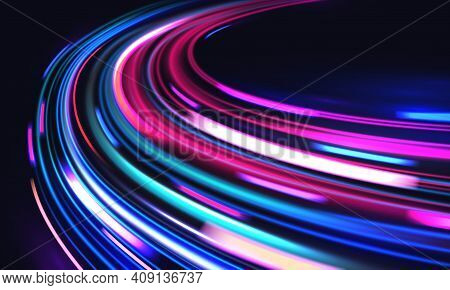 Car Motion Trails. Speed Light Streaks Vector Background With Blurred Fast Moving Light Effect, Blue