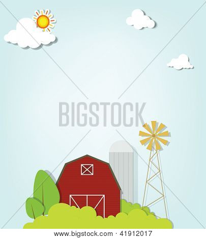 landscape with red farm windmill and silos