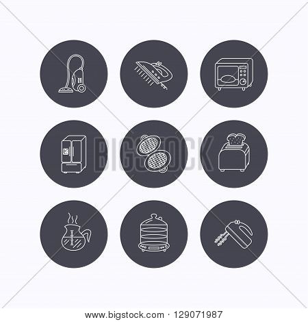 Microwave oven, coffee and blender icons. Refrigerator fridge, steamer and toaster linear signs. Vacuum cleaner, ironing and waffle-iron icons. Flat icons in circle buttons on white background. Vector