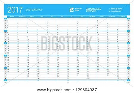 Yearly Wall Calendar Planner Template For 2017 Year. Vector Design Print Template. Week Starts Sunda