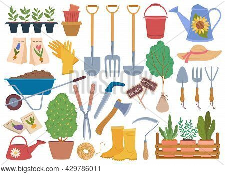 Gardening Tools, Spring Garden Equipment And Plants Sapling. Watering Can, Gloves, Wheelbarrow With 