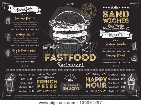 Chalkboard menu design. Menu template. Chalkboard menu background. Fast food menu design template. Food menu card. Black menu design. Pizza, burgers, drinks and other hand drawing elements in vintage style. Restaurant menu board.