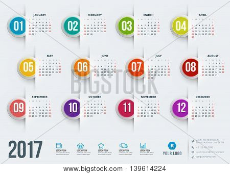 Calendar For 2017 Year. Vector Design Stationery Template. Week Starts Sunday. Flat Style Color Vect