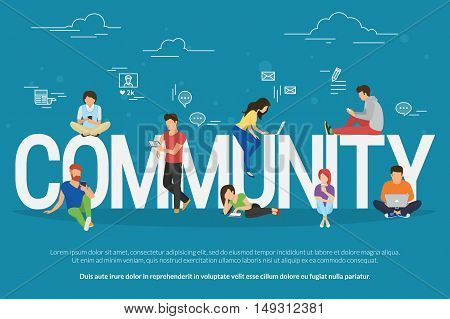 Community concept illustration of young people using mobile gadgets such as smarthone, tablet and laptop to be a part of internet community. Flat design of guys and young women on letters with symbols