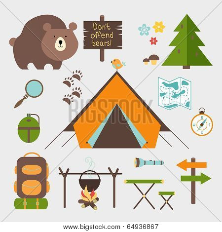 Vector icons forest camping set