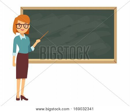 Young female teacher on lesson at blackboard in classroom. Teacher with pointer, teacher showing on board. Vector illustration