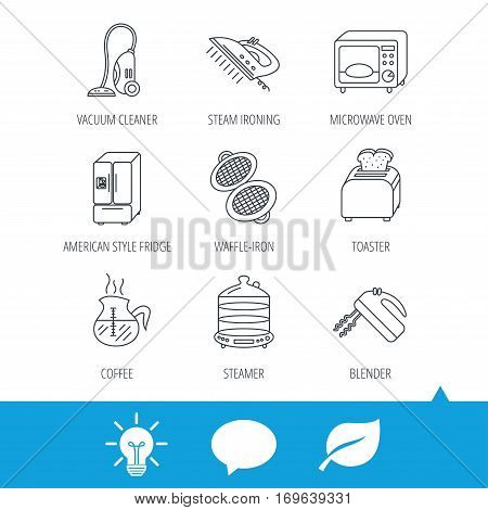 Microwave oven, coffee and blender icons. Refrigerator fridge, steamer and toaster linear signs. Vacuum cleaner, ironing and waffle-iron icons. Light bulb, speech bubble and leaf web icons. Vector