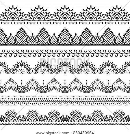 Seamless Lace Borders Set. Design Elements Can Be Used For Application Of Henna Tattoo, Washi Tapes,