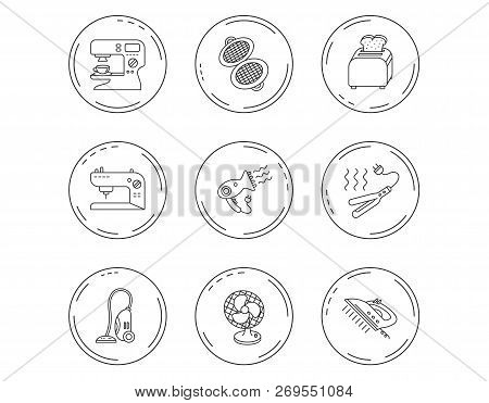 Coffee Maker, Sewing Machine And Toaster Icons. Ventilator, Vacuum Cleaner Linear Signs. Hair Dryer,