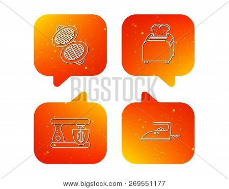 Iron, Toaster And Blender Icons. Waffle-iron Linear Sign. Orange Speech Bubbles With Icons Set. Soft