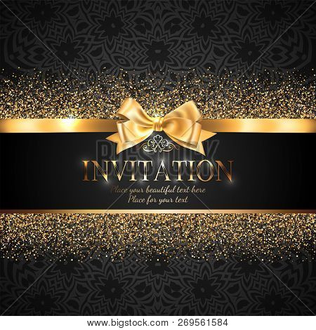 Gorgeous And Shiny Invitation Card Or Banner With Gold Ribbon Bow And Sparkling Golden Glitter On Bl