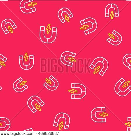 Line Magnet Icon Isolated Seamless Pattern On Red Background. Horseshoe Magnet, Magnetism, Magnetize