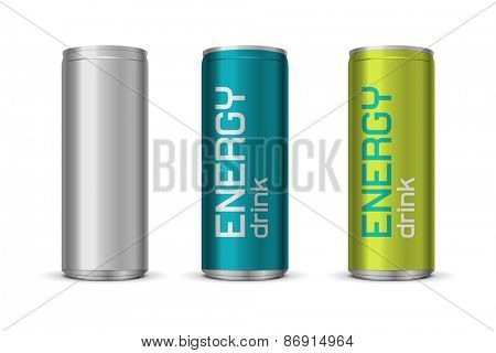 Vector illustration of energy drink cans in different colors, isolated on white background 