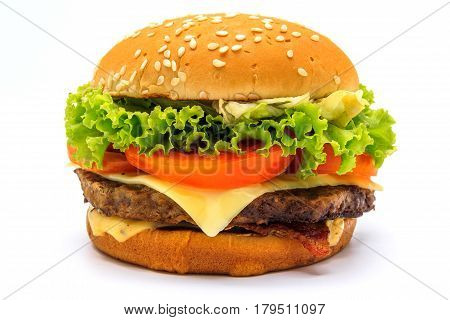 Perfect hamburger classic burger american cheeseburger with cheese bacon tomato and lettuce isolated on a white background.