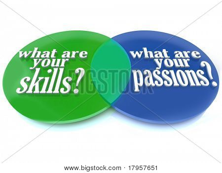 A Venn diagram of overlapping circles analyzing what are your skills and passions to help you determine a career path