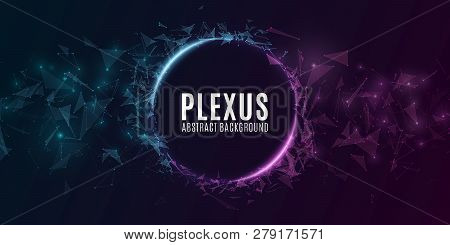 Geometric Plexus Banner Of Flying Triangles And Dots On A Dark Background. Purple And Blue Glowing C