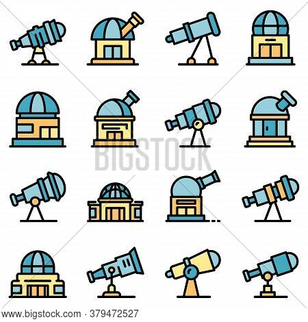 Planetarium Icons Set. Outline Set Of Planetarium Vector Icons Thin Line Color Flat On White