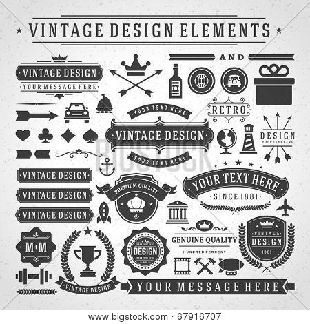 Vintage vector design elements. Retro style golden typographic labels,  tags, badges, stamps, arrows and emblems set. 