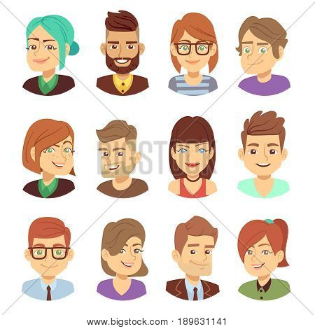 Happy vector characters. Young man and woman smiling faces avatar collection. Portrait of young people avatar illustration