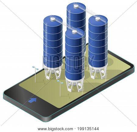 Grain silo isometric building in mobile phone, isometric. Blue seed elevator agriculture, farming, husbandry in communication technology. Isolated vector illustration, white background.