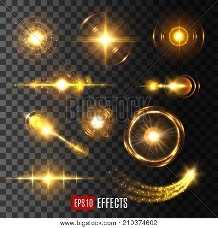 Light flashes, sun beams and star lights isolated icons on transparent background. Vector set of shining beam with lens flare effect or glittering sunlight ray or solar space burst and twinkling light