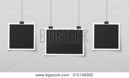 Hanging Photo Frames. Blank Photos Frame Hangs On Ropes With Clips, Wall Memory, Retro Image Memorie