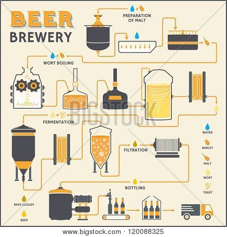 Beer brewing process, brewery factory production