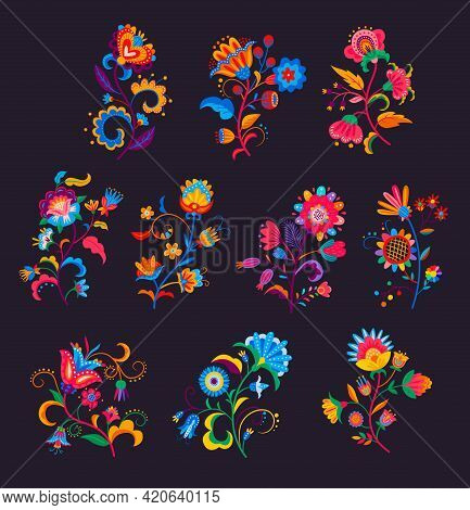 Mexican Flowers And Florals Vector Set Of Bright Colorful Blooming Plants With Mexico Ethnic Or Folk