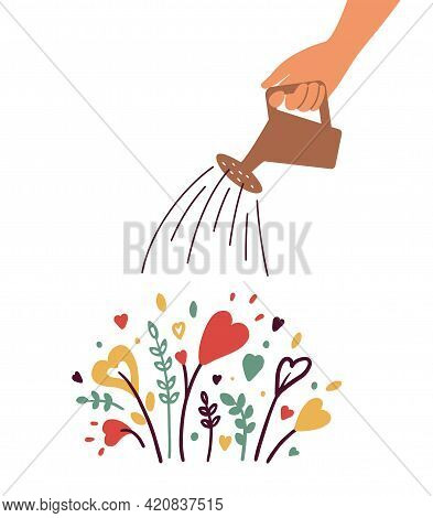 Growing Love, Health Care, Wellbeing Or Wellness. Human Hand With Watering Can Irrigates Blossom Hea