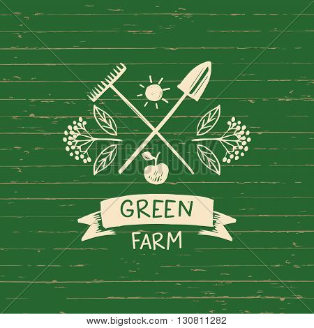 Vector logo green farm.  Sketch for logo agriculture, horticulture.Branch with berries, garden tools, a shovel and a rake. Gardening, growing vegetables and fruit