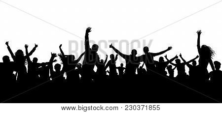 Crowd Cheerful People Silhouette. Happy Group Of Young People Dancing At Musical Party, Concert, Dis