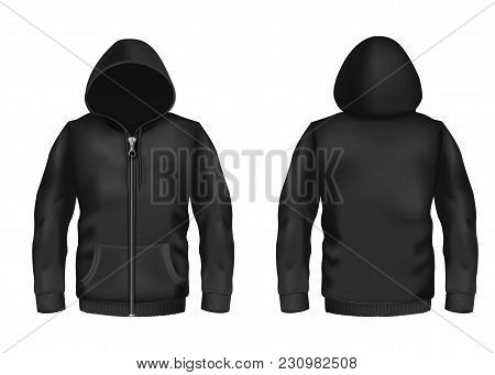 Vector Realistic Black Hoodie With Zipper, With Long Sleeves And Pockets, Casual Unisex Model, Sport