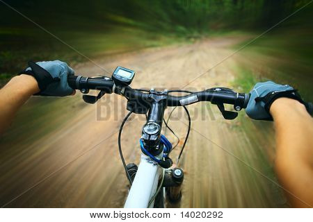 Riding on a bike in forest's path