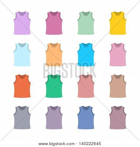 Set of sixteen in a flat style color tank top isolated on white background design element outerwear and article of clothing first set vector illustration.