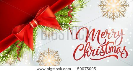 Merry Christmas lettering. Merry Christmas inscription with fir sprigs, bow, snowflakes. Handwritten text with decorative elements can be used for postcards, festive design, banners