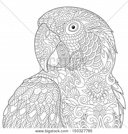 Stylized macaw (arara) parrot isolated on white background. Freehand sketch for adult anti stress coloring book page with doodle and zentangle elements.