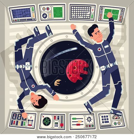 Male And Female Astronauts  In Zero Gravity On A Spaceship Flying Around The Window In Which The Cos