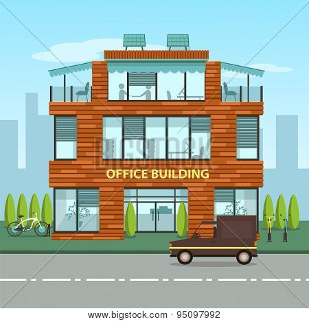 Modern office building in cartoon flat style.