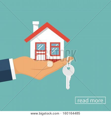 Hand agent with home in palm and key on finger. Offer of purchase house, rental of Real Estate. Giving, offering, demonstration, handing house keys. Vector illustration flat design.