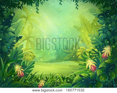 Vector cartoon illustration of background morning rainforest. Bright jungle with ferns and flowers. For design game websites and mobile phones printing.