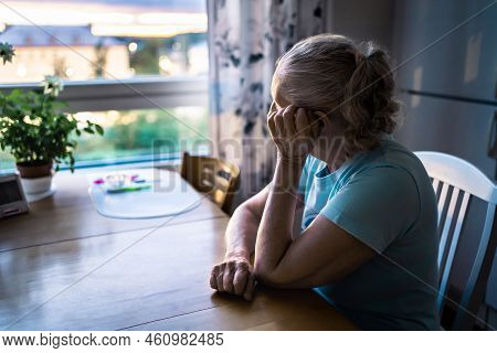 Sad Old Woman. Depressed Lonely Senior Lady With Alzheimer, Dementia, Memory Loss Or Loneliness. Eld