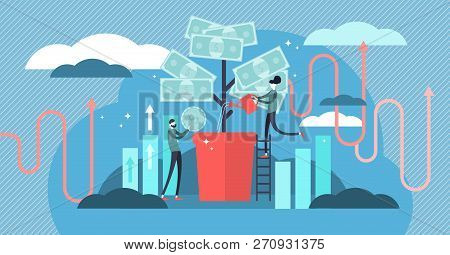 Investing Vector Illustration. Deposit Profit And Wealth Growing Business. Teamwork Persons Cultivat