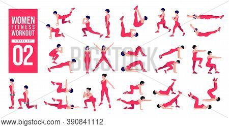 Women Workout Set. Women Exercise Vector Set. Women Doing Fitness And Yoga Exercises. Lunges, Pushup